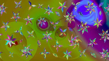 Çiçek ve yapraklı karalama şeklinde Raster çiçek deseni. Raster illüstrasyonu. Yeşil ve kahverengi renklerde bahar çiçekleri..