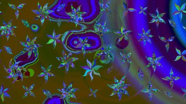 Çiçek desenli çizim. Raster illüstrasyonu. Kahverengi ve mavi renkli Asyalı tekstil.