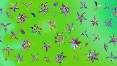 Çiçek desenli çizim. Raster illüstrasyonu. Raster illüstrasyonu. Yeşil ve mavi renkte çiçekler. Asya tekstil tarzında.