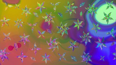 Düz Çiçek Elementleri Tasarımı. Renkli Bahar Teması eskiz kalıbı. Raster illüstrasyonundaki çiçek desenli çizim. Yeşil ve kahverengi renkte çiçekler.