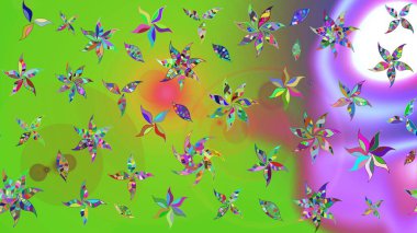 Sevimli çiçek raster deseni. Düz Çiçek Elementleri Tasarımı. Yeşil ve mor renkli çiçekler. Renkli Bahar Teması çizim şablonu.