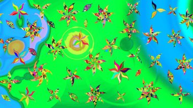 Raster illüstrasyonu. Şirin karalamalı çiçek desenli çizim. Eskiz stili yeşil ve mavi renkler. Raster illüstrasyonu. El yapımı çiçek ve bitki koleksiyonu.