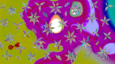 Mor ve yeşil renkli çiçekler. Renkli Yaz Temalı eskiz kalıbı. Raster Illustrasyon 'daki Çiçek Deseni' nin son moda çizimi. Düz Çiçek Elementleri Tasarımı.