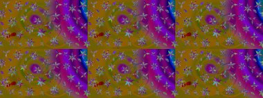Eski usul. Eskiz geçmişi. Raster illüstrasyonu. Renkli desenli eskiz deseni, kahverengi ve mor çiçekler ve dekoratif elementler. Kumaş, tekstil ve duvar kağıdı baskısı için..