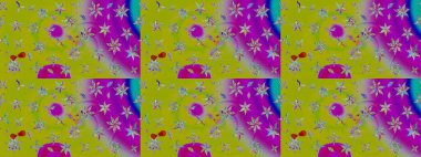 Yeşil ve mor renkli küçük çiçekler ve yeşil ve mor renkli komik böcekler, raster deseni, illüstrasyon.