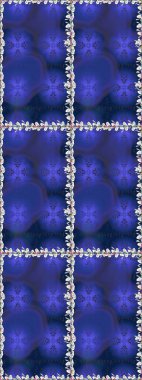 Raster illüstrasyonu. Patlayan çiçekler soyut olarak yerleştirilmiş. Raster deseni. Yumuşak, bahar çiçekleri mavi renklerde.