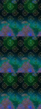 Raster illüstrasyonu. Mavi, yeşil ve siyah renklerde bahar çiçekleri. Raster deseni. Patlayan çiçekler soyut yerleştirilmiş.