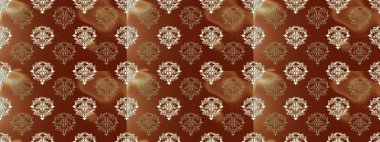 Antika altın tekrarlanabilir duvar kağıdı. Kahverengi, kırmızı ve bej renklerde altın element. Damask arkaplanı tekerrür ediyor. Barok tarzında altın çiçek süsü..