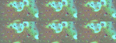 Raster illüstrasyonu. Şirin çiçekli eskiz deseni ve gri ve mavi renkli yapraklar, suluboya çiçek deseni, duvar kağıdı, kart veya kumaş için fayanslı.