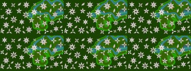 Yeşil ve nötr küçük çiçekler ve yeşil ve nötr renklerdeki komik böcekler, raster desen, illüstrasyon.