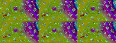 Raster düz çiçek çizim deseni. Hediye ambalaj kağıdı, tebrik kartları, posterler ve pankart tasarımı. Yeşil ve mor renkte çiçekler.