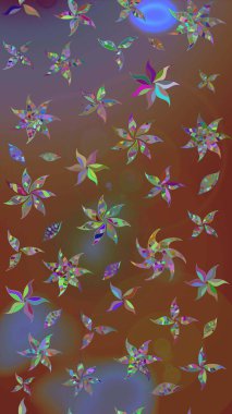 Raster illüstrasyonu. Kahverengi ve nötr renklerde bahar çiçekleri. Yaprak ve çiçeklerin suluboya resmi, kahverengi ve nötr renkler üzerine çizim deseni.