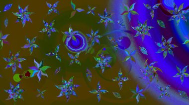 Kahverengi ve mavi renklerde etnik çiçeklerle süslenmiş zarif bir eskiz şekli. Asya Tekstil 'inde Raster Çiçek İllüstrasyonu.