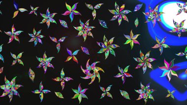 Asya tekstil tarzında. Raster illüstrasyonu. Renkli Bahar Teması eskiz kalıbı. Düz Çiçek Elementleri Tasarımı. Çiçek desenli çizim. Gri ve mavi renkte çiçekler.