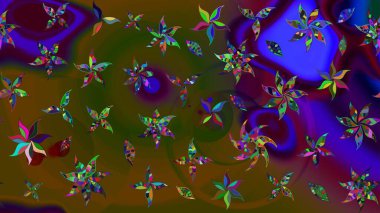 Düz Çiçek Elementleri Tasarımı. Kahverengi ve yeşil renkli çiçekler. Renkli Bahar Teması eskiz kalıbı. Raster illüstrasyonunda çiçek deseni çizimi.