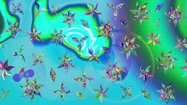 El çizimi çiçekli soyut çizim kalıbı. Raster illüstrasyonu. Mavi ve yeşil renkte çiçekler.