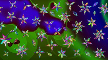 Yeşil ve mavi renkli etnik çiçekli zarif eskiz deseni. Raster Çiçek İllüstrasyonu güzel tekstil..