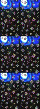 Raster illüstrasyonundaki çiçek desenli çizim. Gri ve mavi renkte çiçekler.