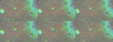 Çok renkli ve bej renkli küçük çiçekler ve gri ve bej renkli komik böcekler, raster desen, illüstrasyon.