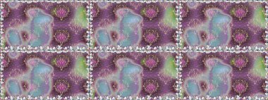 Tarafsız ve mor renkte çok renkli ve mor zarif küçük çiçekler ve komik böcekler, raster desen, illüstrasyon.