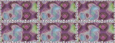 Tarafsız ve mor renkte çok renkli ve mor zarif küçük çiçekler ve komik böcekler, raster desen, illüstrasyon.