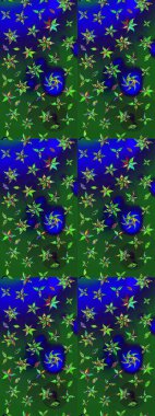 Suluboya elle çizilmiş çiçek desenli eskiz deseni. Parlak renkli fantezi çiçekleri, yapraklar, yeşil ve mavi renkli tomurcuklar yeşil ve mavi.