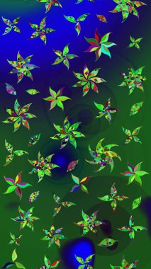 Raster illüstrasyonu. Şirin çiçekli eskiz deseni ve renklerde yapraklar, suluboya çiçek deseni, duvar kağıdı, kart veya kumaş için fayanslı.