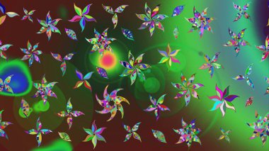 Yeşil ve kahverengi renkli çiçekler. Raster illüstrasyonu. Çiçek desenli eskiz, vuruşlar, sıçramalar, yaz çiçekleri..