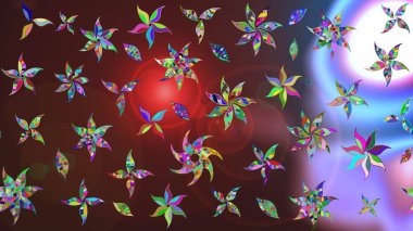 Düz Çiçek Elementleri Tasarımı. Renkli Bahar Teması eskiz kalıbı. Raster illüstrasyonu. Kahverengi ve mor renkli çiçekler. Asya tekstil tarzında. Çiçek desenini çiz.