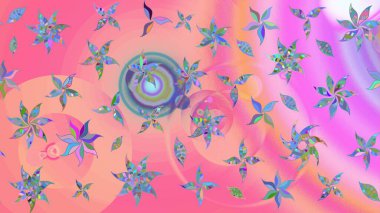 Çiçek ve yapraklı karalama şeklinde Raster çiçek deseni. Raster illüstrasyonu. Nazikçe, bahar çiçekleri pembe ve nötr renklerde.