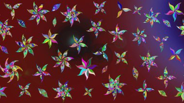 Raster illüstrasyonu. Kibar, bahar çiçekleri kırmızı ve kahverengi renklerde. Patlayan çiçekler soyut olarak yerleştirilmiş. Raster deseni.