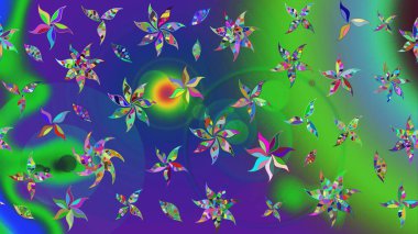 Suluboya tarzında yeşil ve mavi renklerde. Raster illüstrasyonu. Küçük çiçekli bahar deseni çiz.