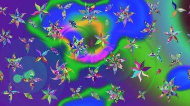 Renkli Yaz Temalı eskiz kalıbı. Raster illüstrasyonundaki çiçek desenli çizim. Mavi ve yeşil renkli çiçekler. Düz Çiçek Elementleri Tasarımı.