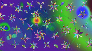 Mavi ve yeşil renkli çiçekler. Raster illüstrasyonundaki çiçek desenli çizim. Düz Çiçek Elementleri Tasarımı. Renkli Bahar Teması çizim şablonu.