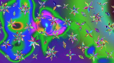 Yumuşak, bahar çiçekleri yeşil ve mavi renklerde. Raster illüstrasyonu. Yaprak ve çiçeklerin suluboya resmi, yeşil ve mavi renkler üzerine çizim deseni.