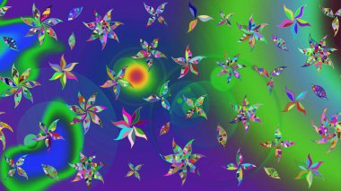 Raster deseni. Bahar çiçekleri dallı desen, yeşil ve mavi renkler çiçekli siluet.