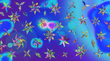 Raster illüstrasyonu. Mavi ve mor renkte zarif çiçek buketi suluboya. Renkli Bahar Teması eskiz kalıbı. Düz Çiçek Elementleri Tasarımı.