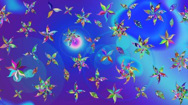 Eskiz arkaplan modeli. Raster - stok. Yapraklı çiçekler ve mavi ve mor renkli papatya çiçekleri..