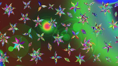 Renkli Bahar Teması eskiz kalıbı. Düz Çiçek Elementleri Tasarımı. Sevimli çiçek raster deseni. Yeşil ve kahverengi renkte çiçekler.