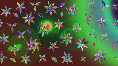 Düz Çiçek Elementleri Tasarımı. Yeşil ve kahverengi renkli çiçekler. Renkli Bahar Teması eskiz kalıbı. Çiçekle çizim deseni.