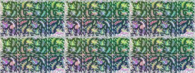 Raster çiçek izi. Çiçek yeşili ve mavi pürüzsüz desen. Raster Yumuşak kumaş deseni. Klasik taslak çizimi.