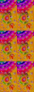 El çizimi çiçek unsurları olan soyut çizim raster deseni. 1950-1960 motifleri. Çiçekli ipek eşarp. Sarı ve mor üzerine sarı ve morumsu. Retro tekstil tasarım koleksiyonu.