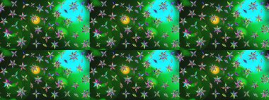 Moda baskısı, albüm, ambalaj kağıdı ve duvar kağıdı için zarif dekoratif süslemeler. Raster illüstrasyonu. Küçük çiçekli basit bir çiçek çizimi. Yeşil ve mavi renkte şirin çiçekler..