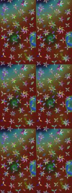 Halk tarzı. Modern çiçek arkaplanı. Moda baskıları için zarif bir şablon. Parlak renkli çiçekleri olan ve kahverengi ve kırmızı renkte yaprakları olan inanılmaz bir çiçek deseni..