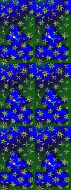 Mavi ve yeşil renkli çiçekler. Hediye ambalaj kağıdı, tebrik kartları, posterler ve pankart tasarımı. Raster düz çiçek çizim deseni.