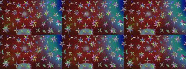 Raster illüstrasyonundaki çiçek desenli çizim. Kahverengi ve mavi renkte çiçekler.