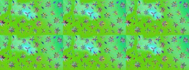 Yeşil ve mavi renkte çiçekler. Çiçek desenli çizim. Raster illüstrasyonu. Raster illüstrasyonu. Asya tekstil tarzında.
