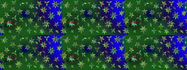 Çiçeksel elementlerle süslenmiş zarif raster dokusu. Küçük çiçekte hoş bir çiçek deseni var. Parlak çiçekli yeşil ve mavi renkler üzerine soyut çizim deseni.