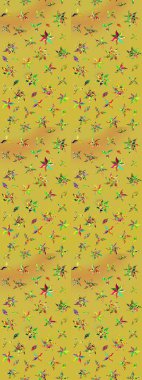 Çok renkli ve yeşil zarif küçük çiçekler ve sarı ve yeşil renkli komik böcekler, raster desen, illüstrasyon.