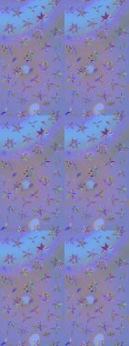 Parlak renkli fantezi çiçekleri, yapraklar, mor ve mavi renkli tomurcuklar. Suluboya el çizimi elementli çiçek çizimi deseni.